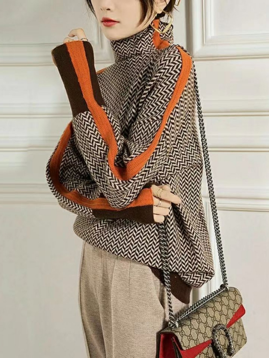 Women's Turtleneck Sweater Geometric Print Soft Knit Classic Fit