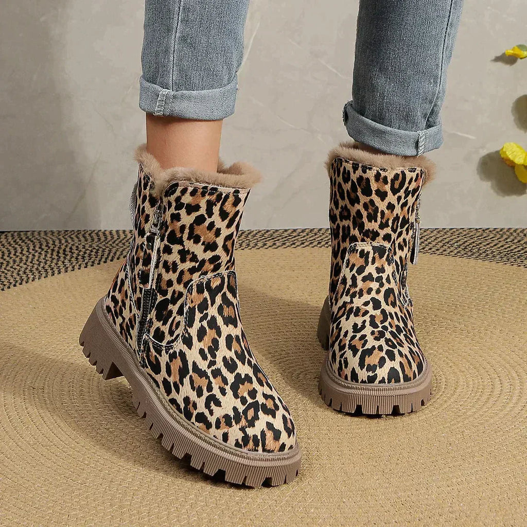 Leopard Print Winter Boots Fur Lined Platform Ankle Warm