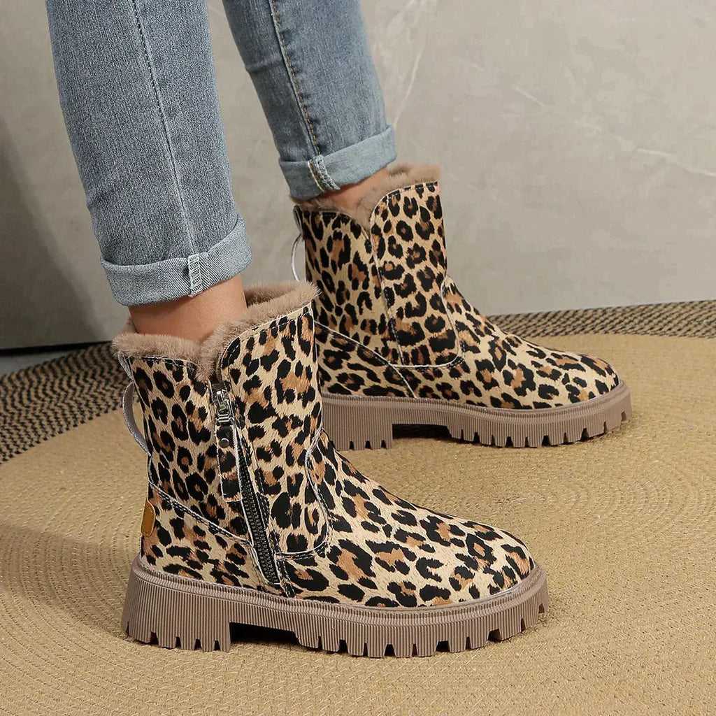 Leopard Print Winter Boots Fur Lined Platform Ankle Warm