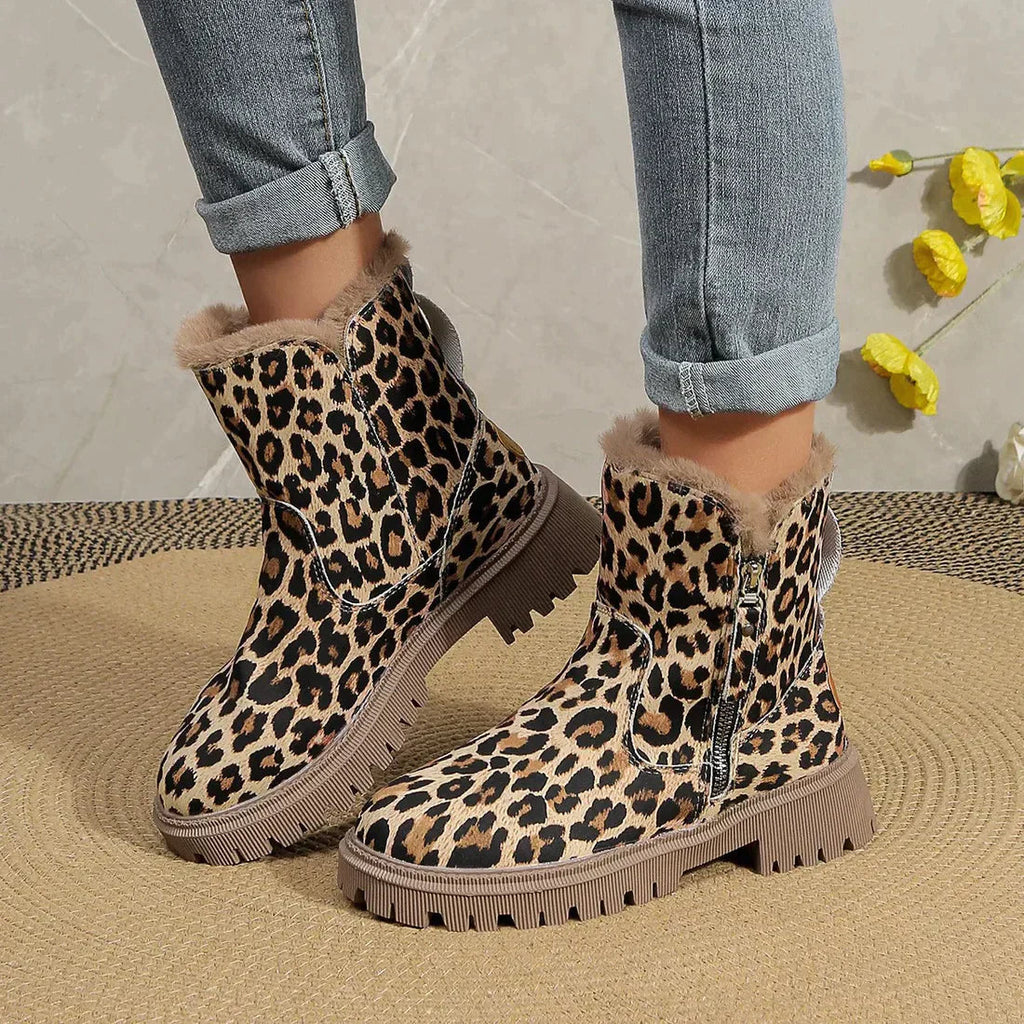 Leopard Print Winter Boots Fur Lined Platform Ankle Warm