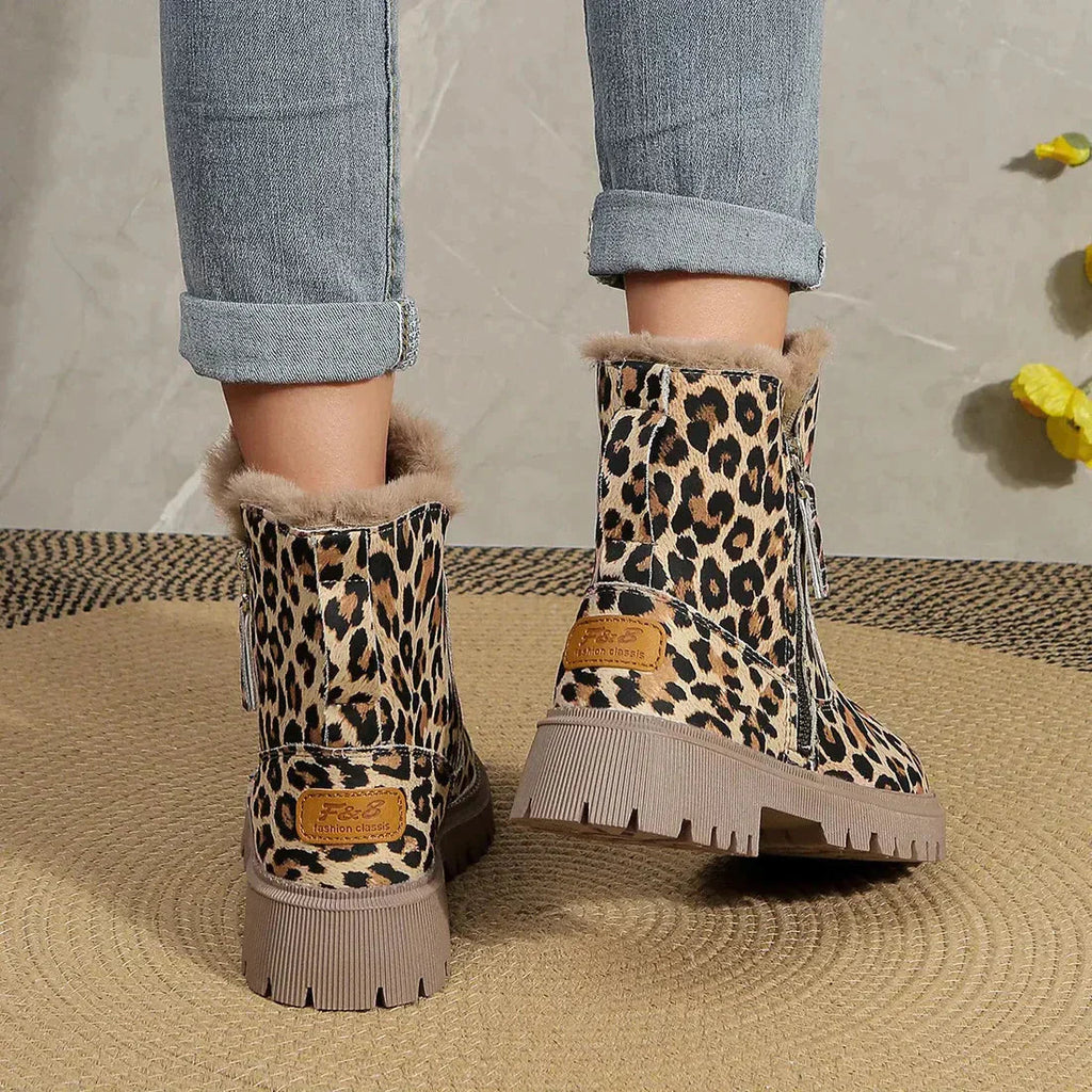 Leopard Print Winter Boots Fur Lined Platform Ankle Warm