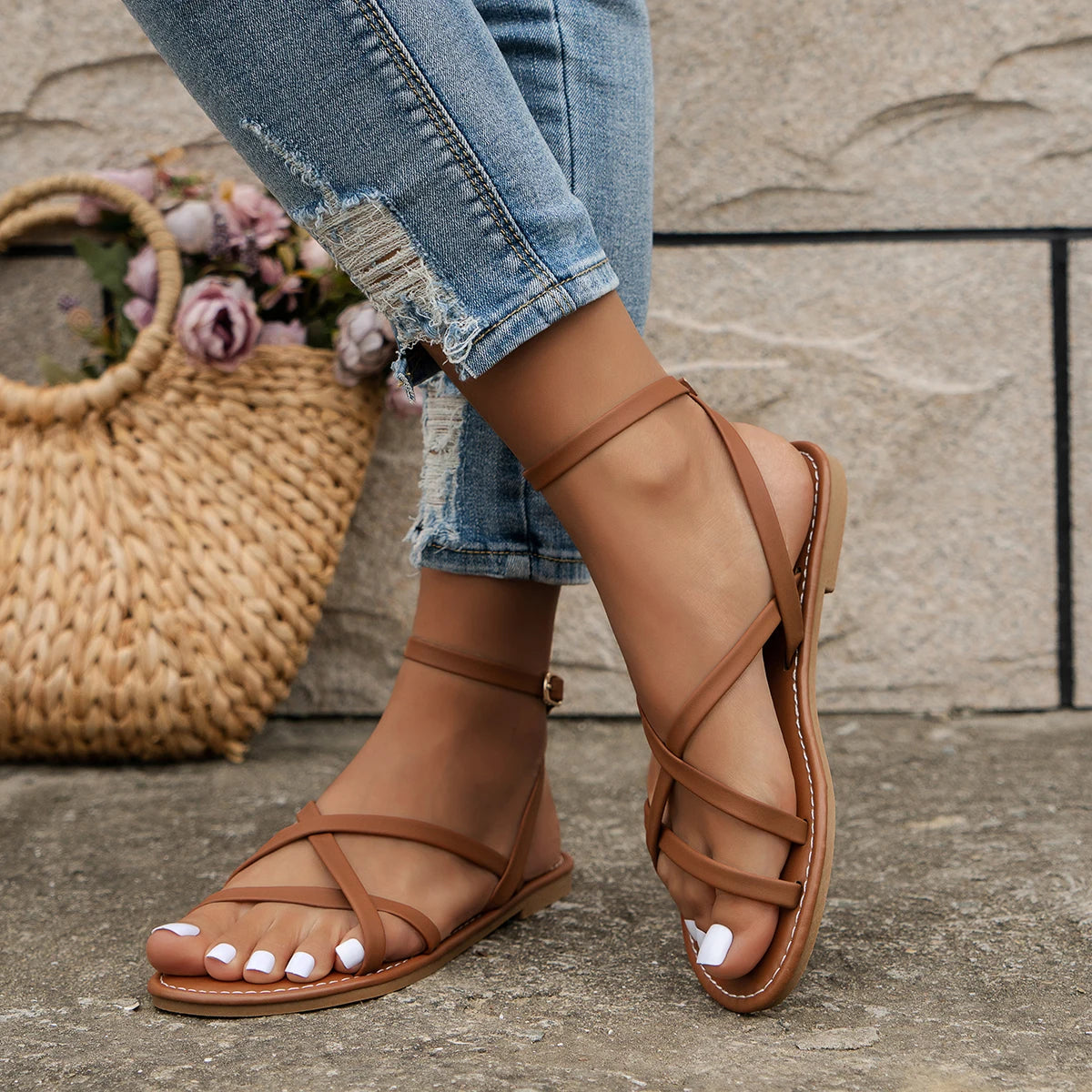 Strappy Roman Sandals Zipper Back