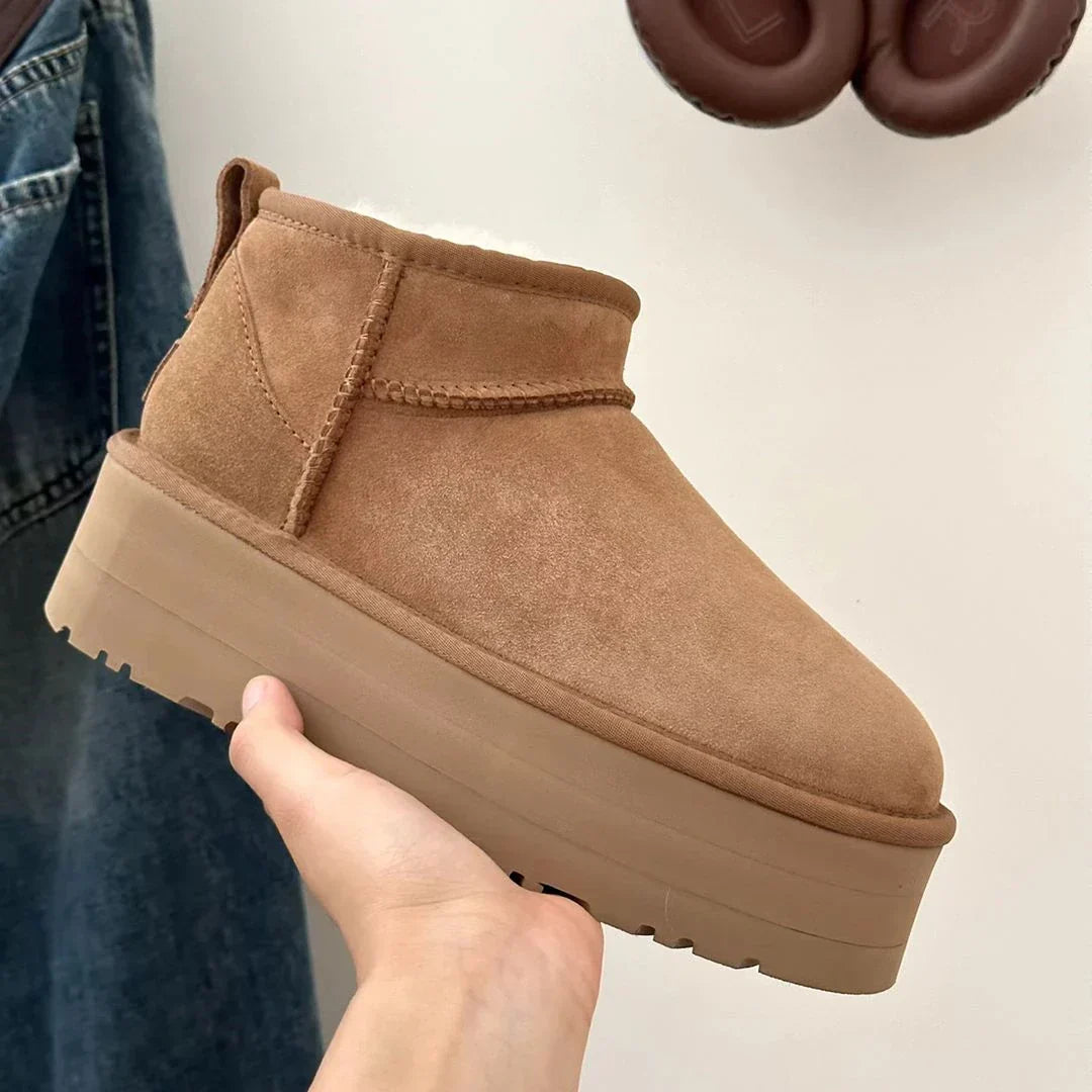 Platform Ankle Boots Suede Sheepskin Lined Winter Warm