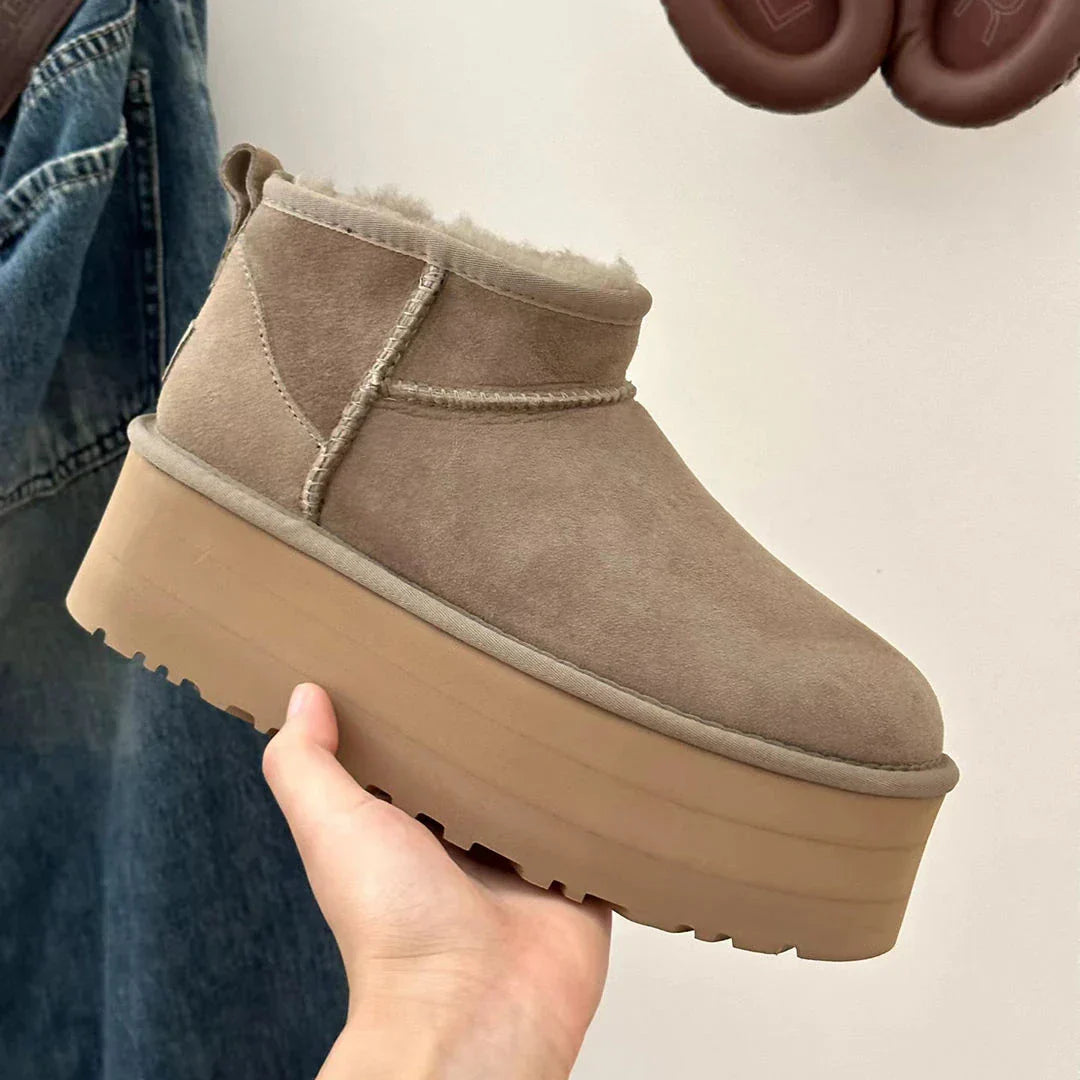 Platform Ankle Boots Suede Sheepskin Lined Winter Warm