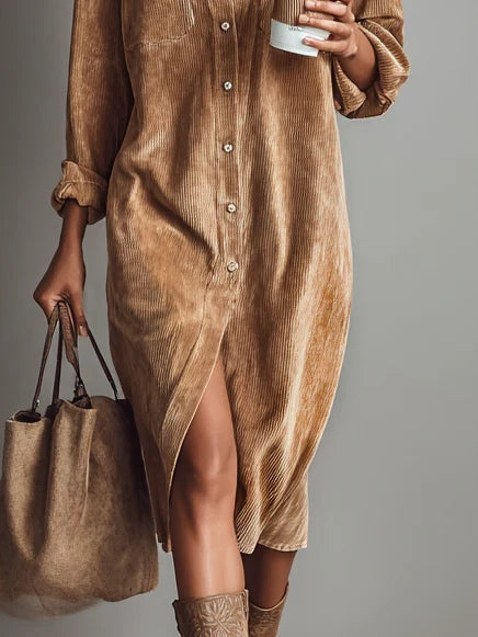 Corduroy Button-Up Midi Dress Chest Pockets Relaxed Fit