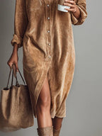 Corduroy Button-Up Midi Dress Chest Pockets Relaxed Fit
