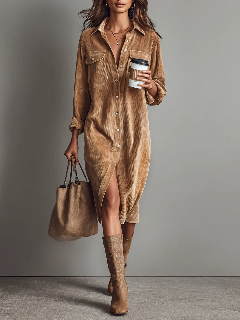Corduroy Button-Up Midi Dress Chest Pockets Relaxed Fit