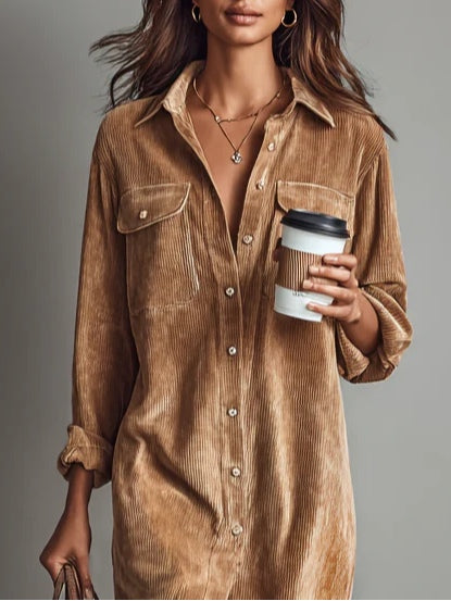 Corduroy Button-Up Midi Dress Chest Pockets Relaxed Fit