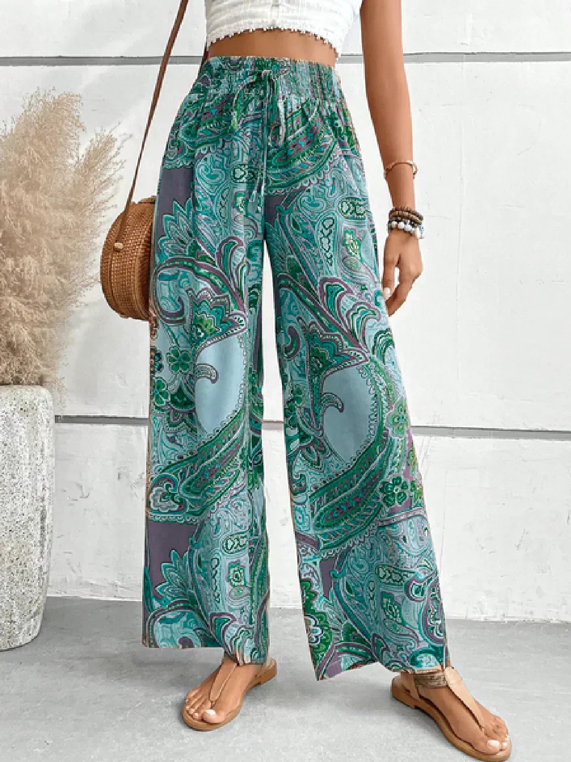 Womens Boho Paisley Print Wide Leg Pants High Waist