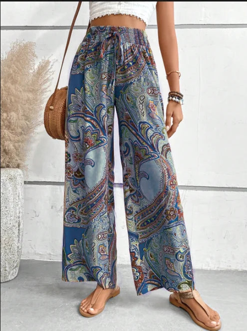 Womens Boho Paisley Print Wide Leg Pants High Waist