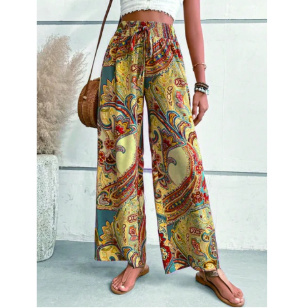 Womens Boho Paisley Print Wide Leg Pants High Waist