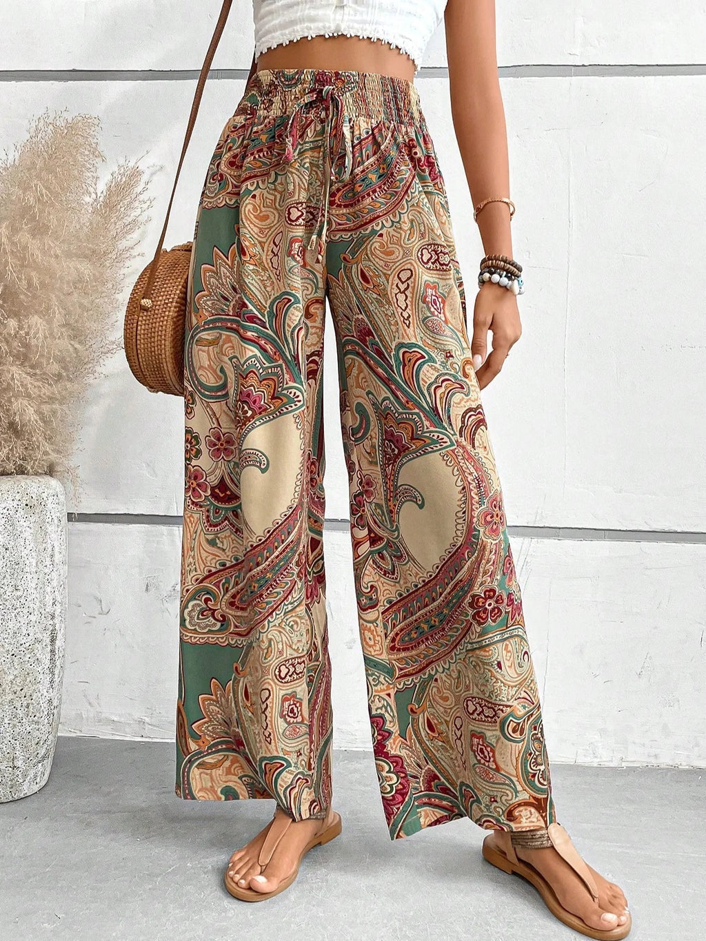 Womens Boho Paisley Print Wide Leg Pants High Waist