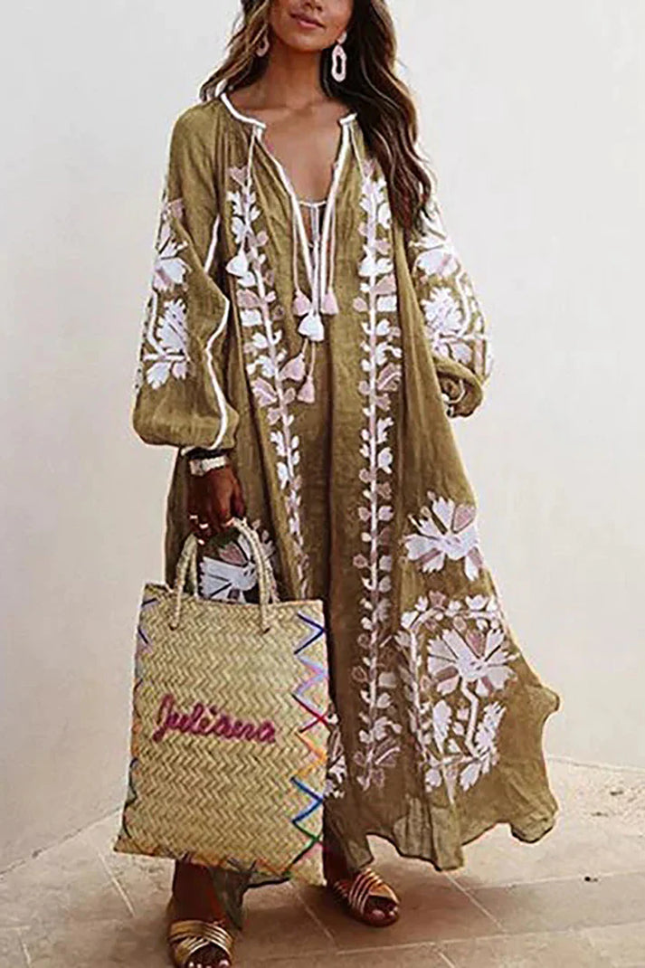 Womens Boho Maxi Dress Floral Print V Neck Five Color