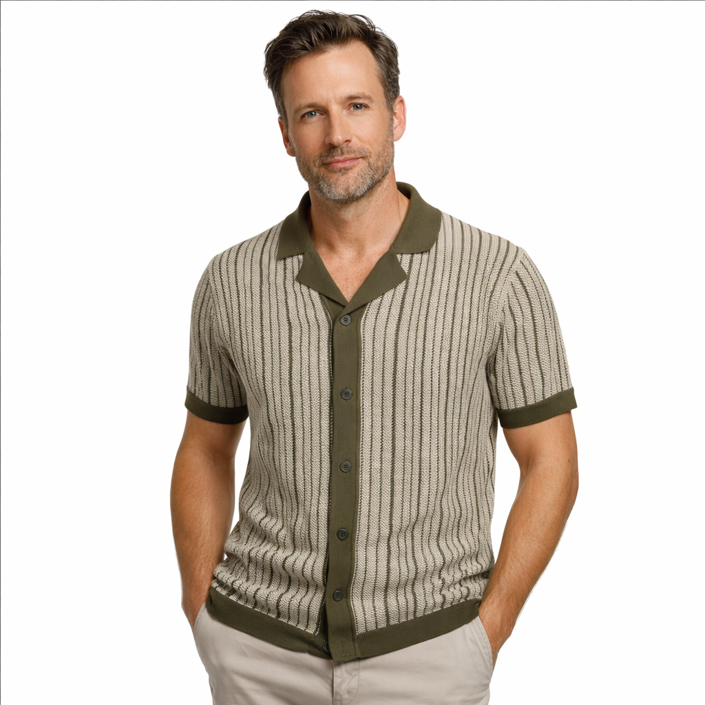 Mens Vertical Stripe Polo Long Sleeve Two Color