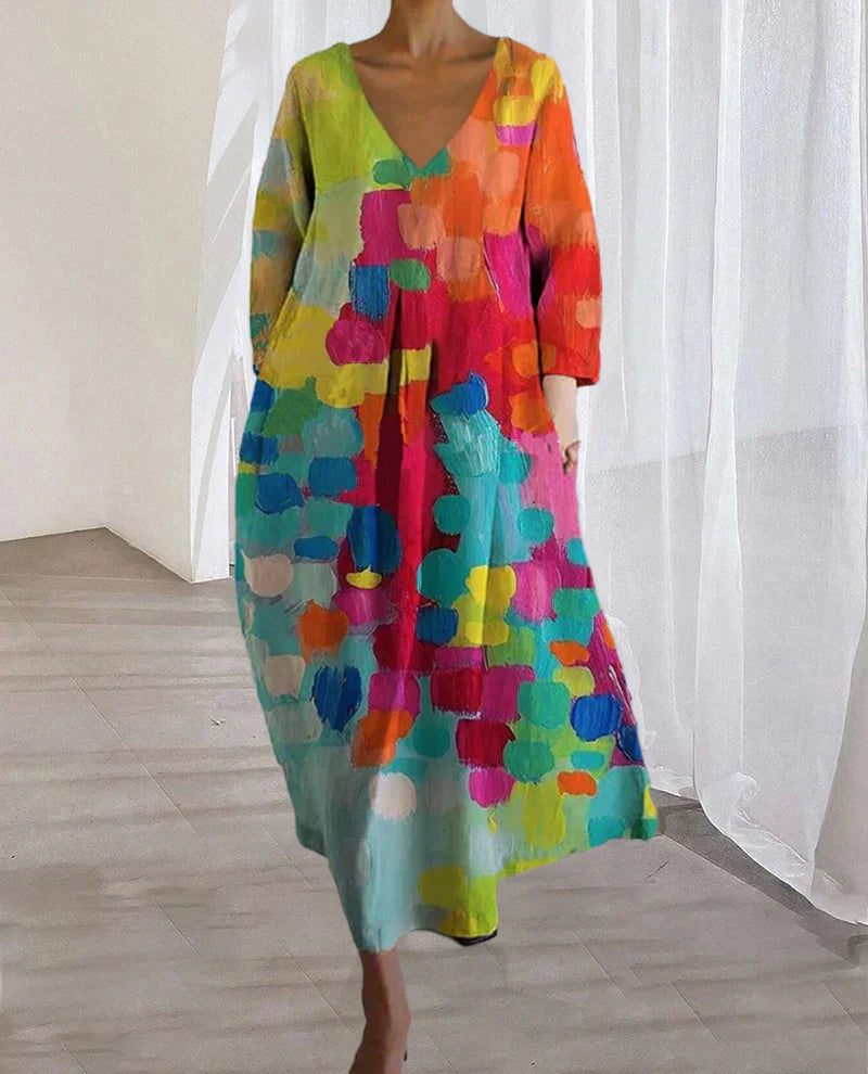 Womens Oversized Midi Summer Dress V Neck Print