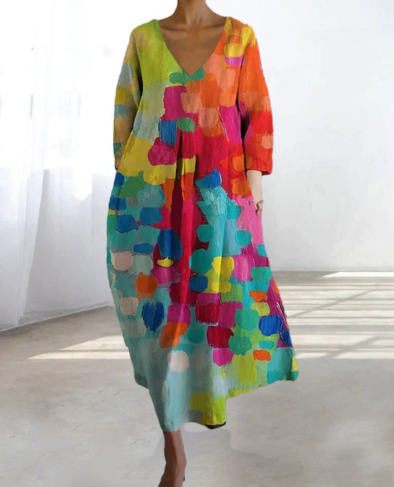 Womens Oversized Midi Summer Dress V Neck Print