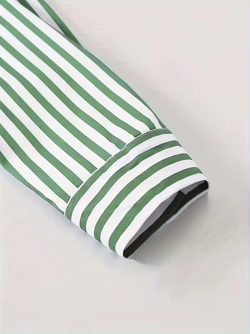 Mens Vertical Stripe Dress Shirt Mandarin Collar