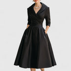 Midi Dress V-Neck Wrap Bodice Flared Skirt Pockets