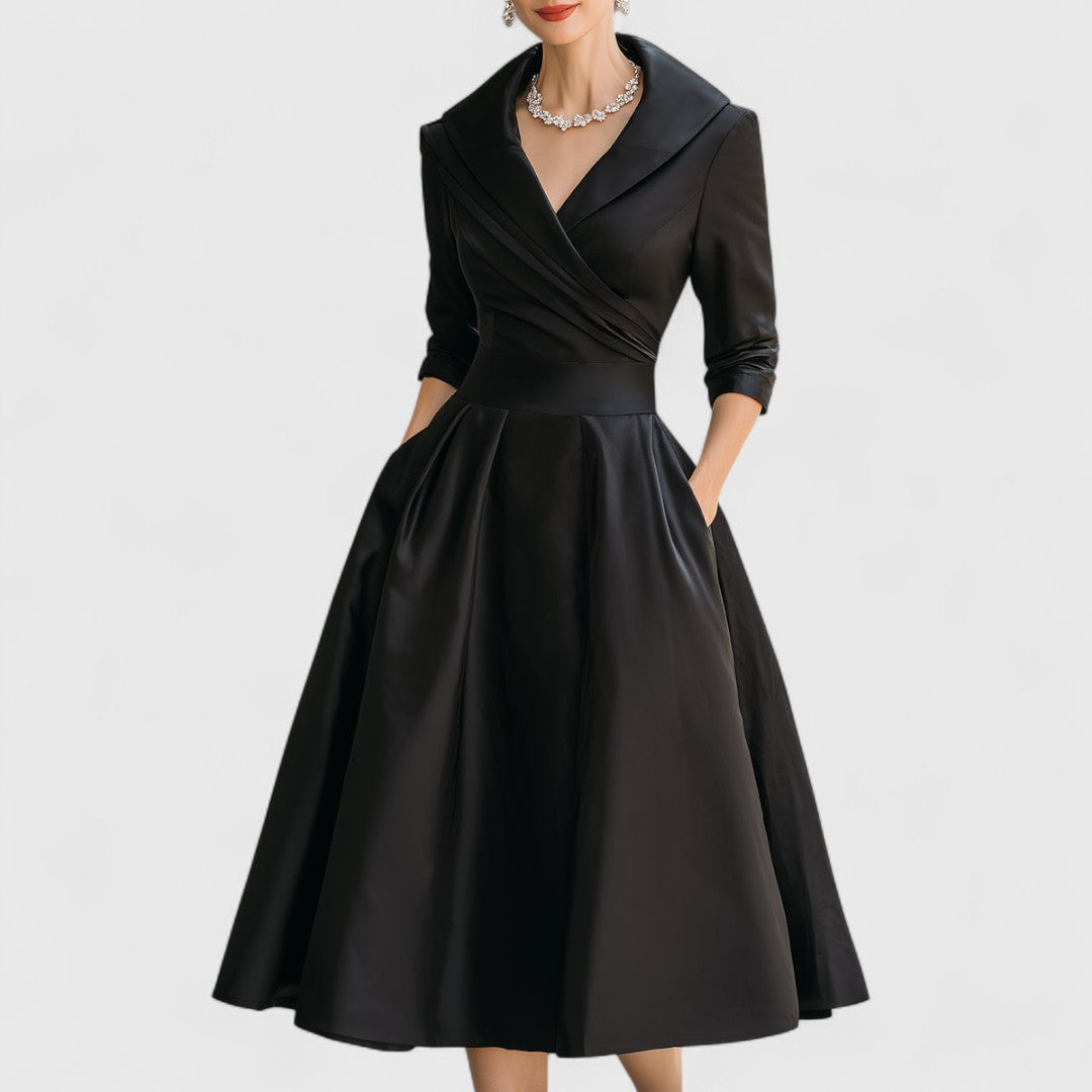 Midi Dress V-Neck Wrap Bodice Flared Skirt Pockets