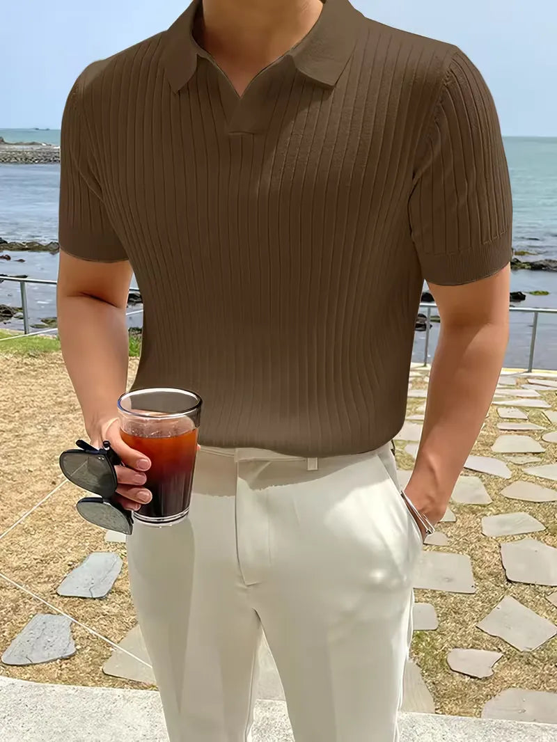 Mens V Neck Ribbed Texture Polo