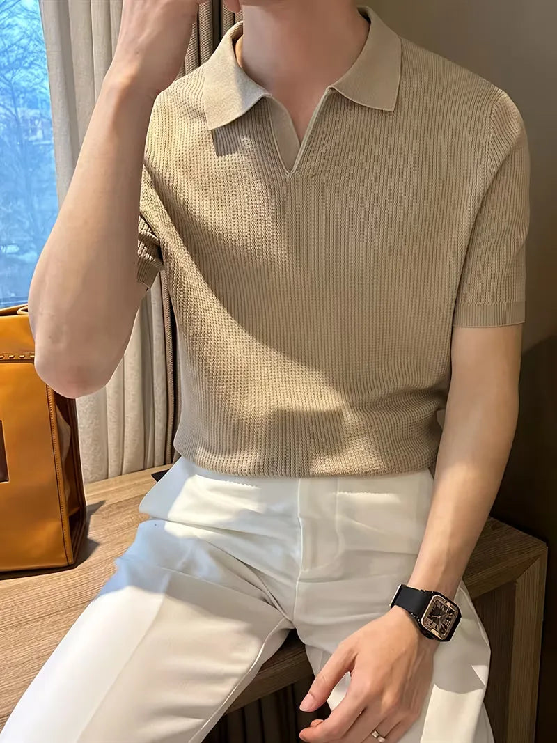 Mens V Neck Knitted Short Sleeve Polo