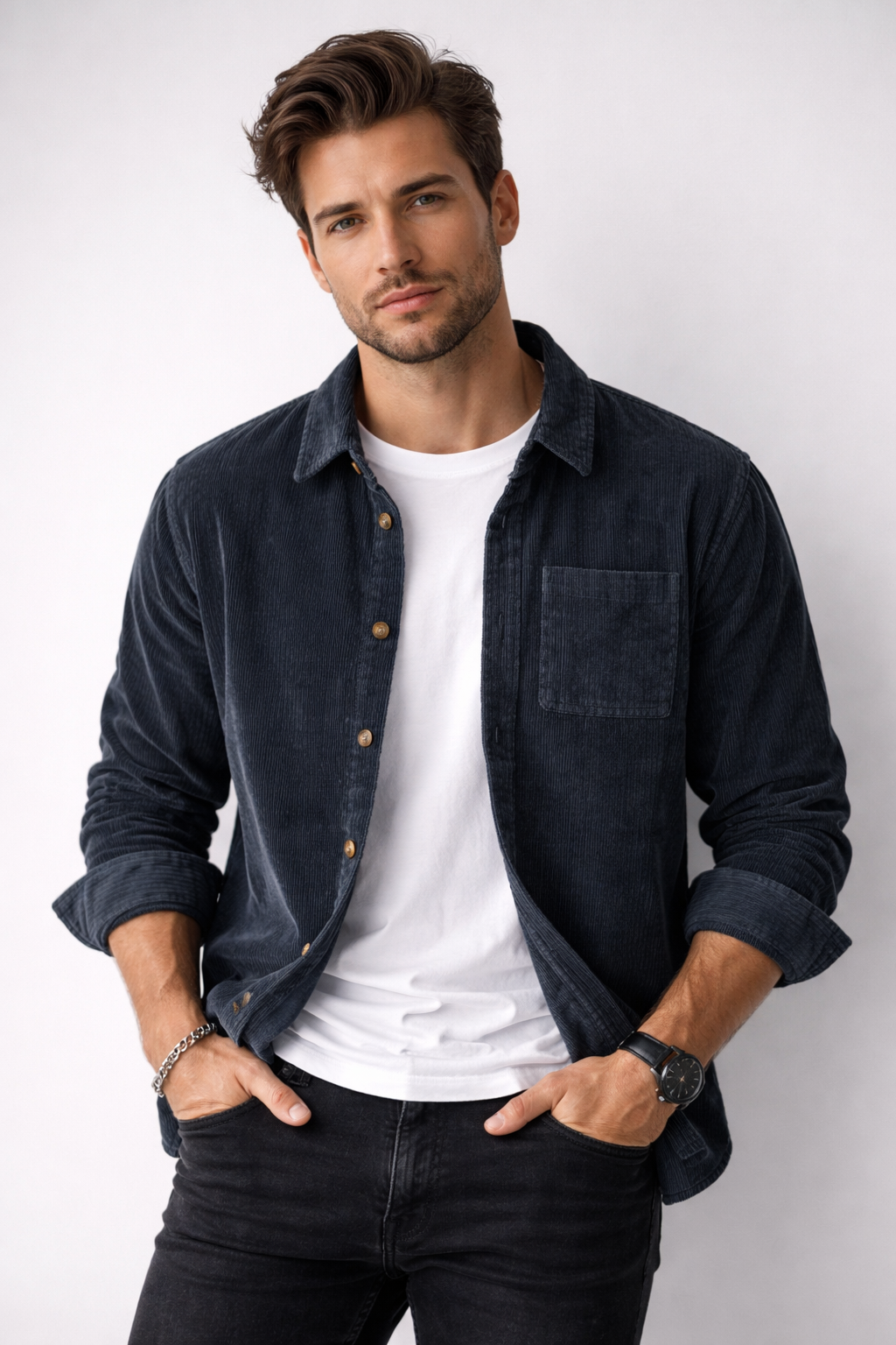 Mens Ribbed Knit Shirt Long Sleeve Three Color