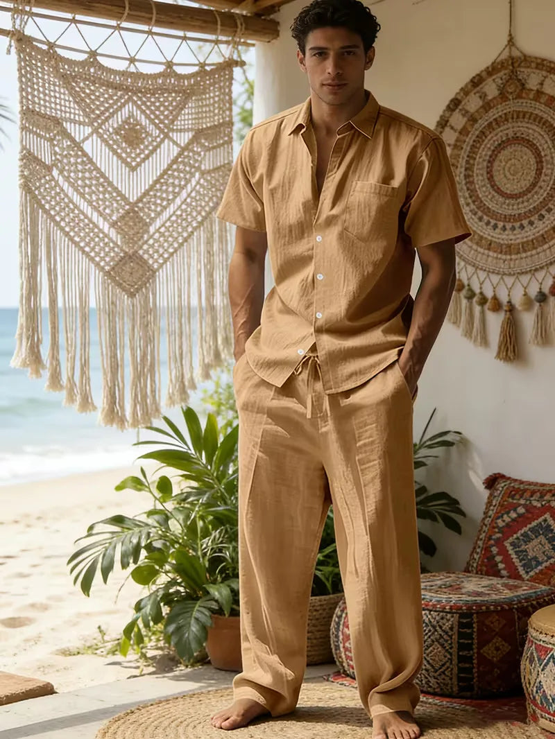 Mens Summer Linen Set Short Sleeve