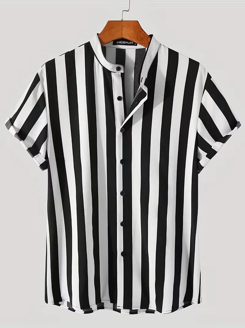 Mens Vertical Stripe Mandarin Collar Shirt