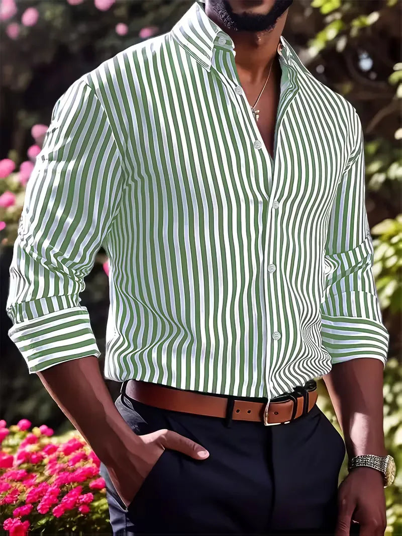 Mens Vertical Stripe Dress Shirt Mandarin Collar