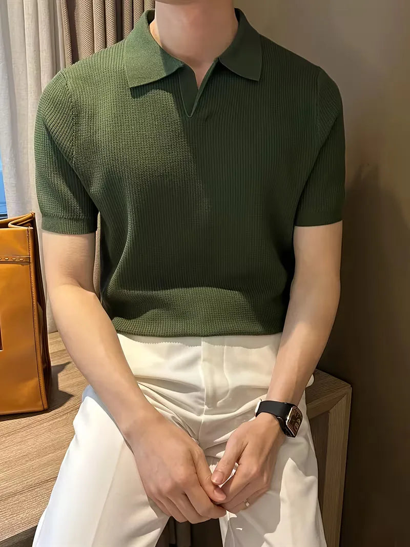 Mens V Neck Knitted Short Sleeve Polo