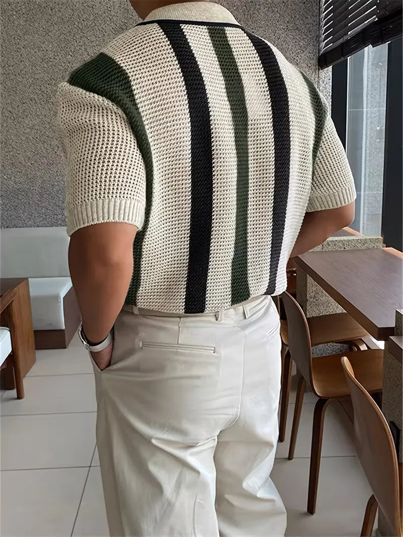 Mens Short Sleeve V Neck Striped Polo
