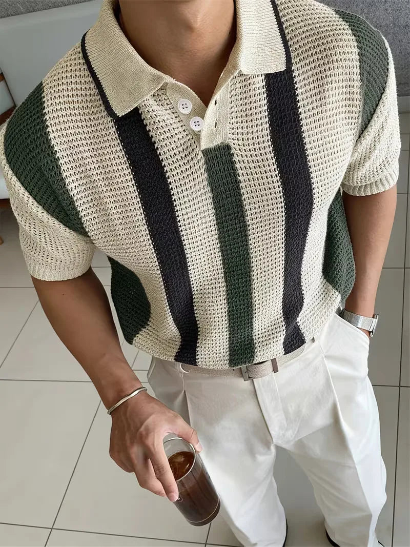 Mens Short Sleeve V Neck Striped Polo