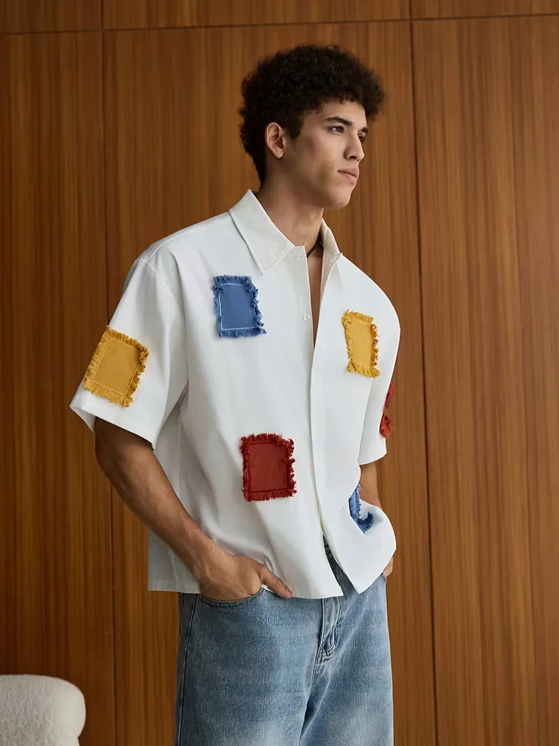 Mens Short Sleeve Patchwork Shirt