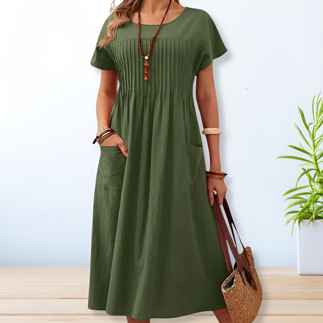 Relaxed Midi Day Dress Short Sleeve Pockets