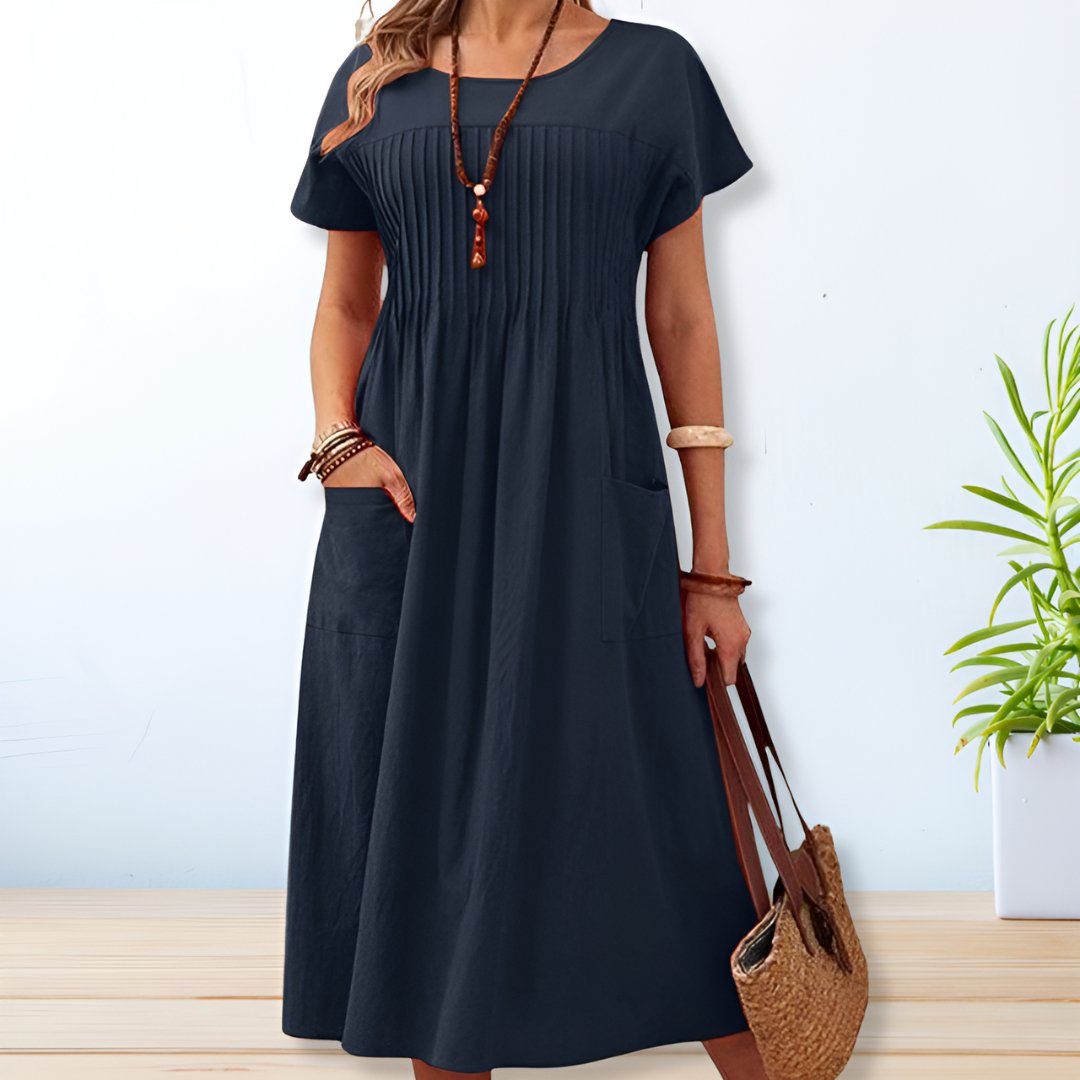 Relaxed Midi Day Dress Short Sleeve Pockets