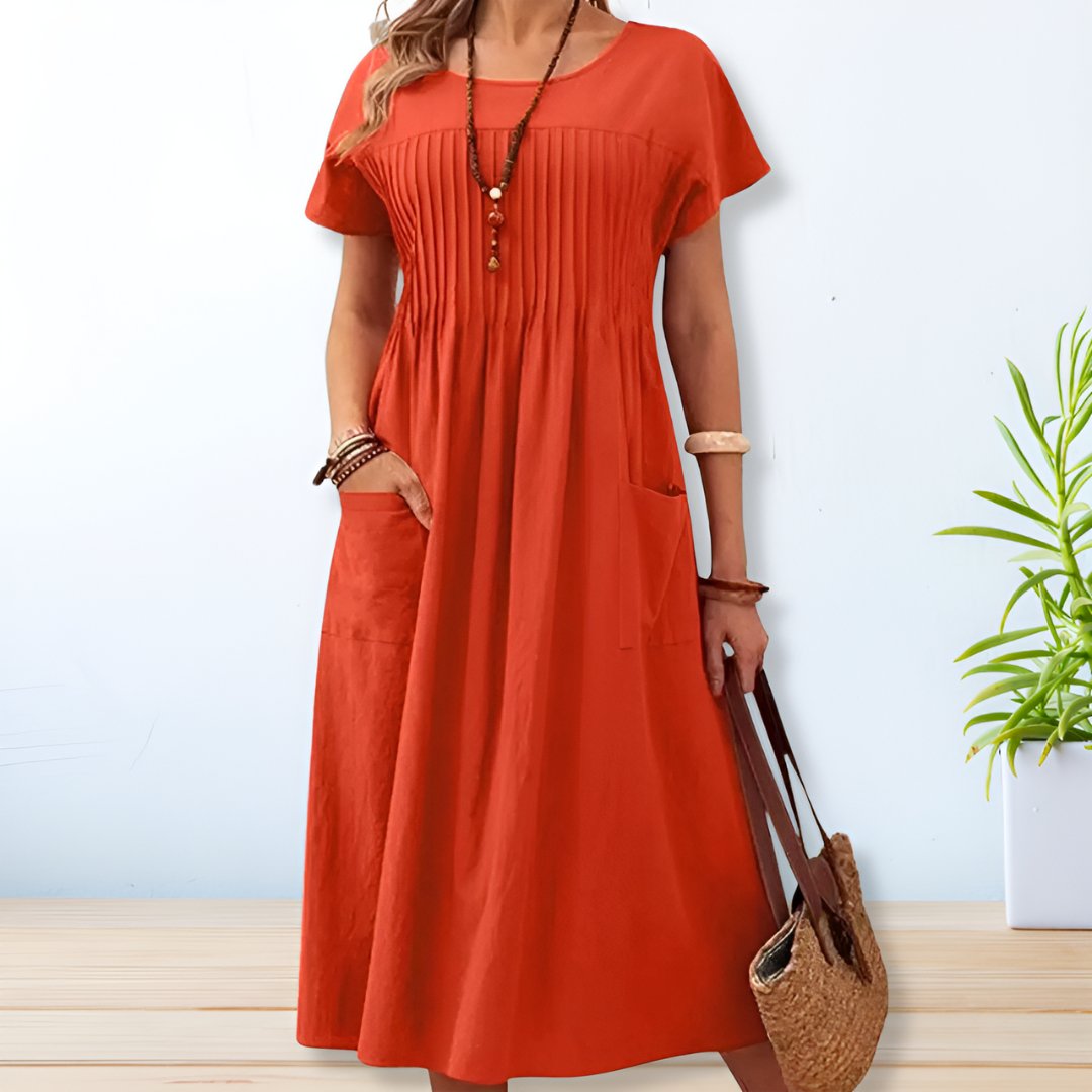 Relaxed Midi Day Dress Short Sleeve Pockets