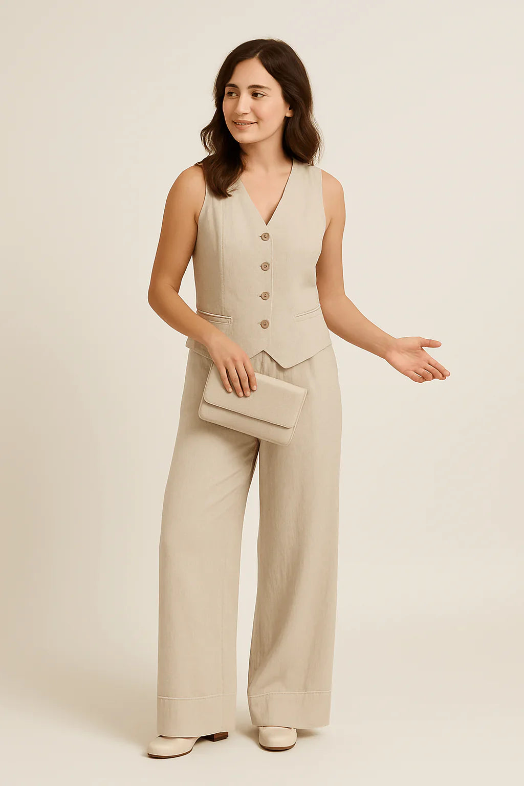 Linen Vest Wide-Leg Pants Two Piece Set High Waist