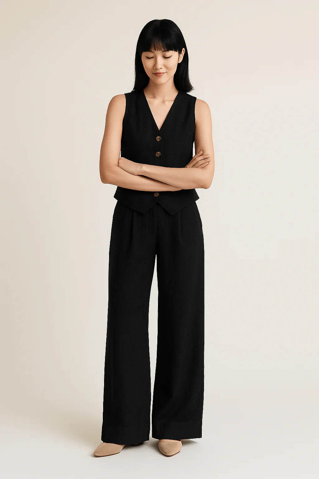 Linen Vest Wide-Leg Pants Two Piece Set High Waist