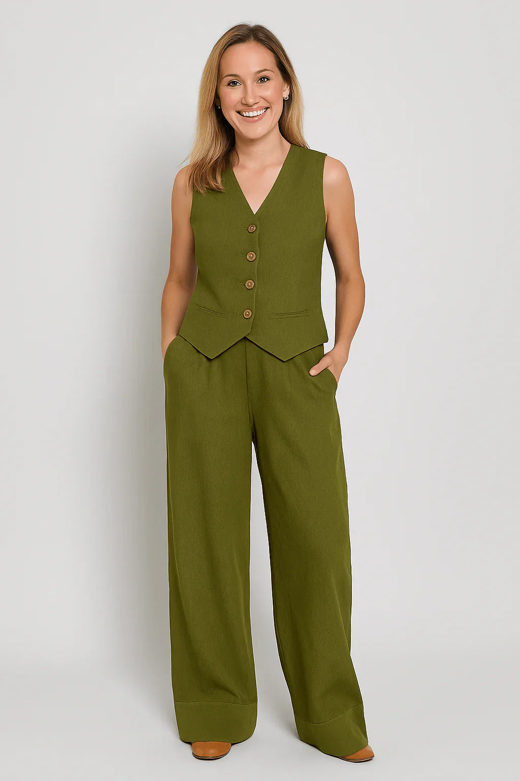 Linen Vest Wide-Leg Pants Two Piece Set High Waist