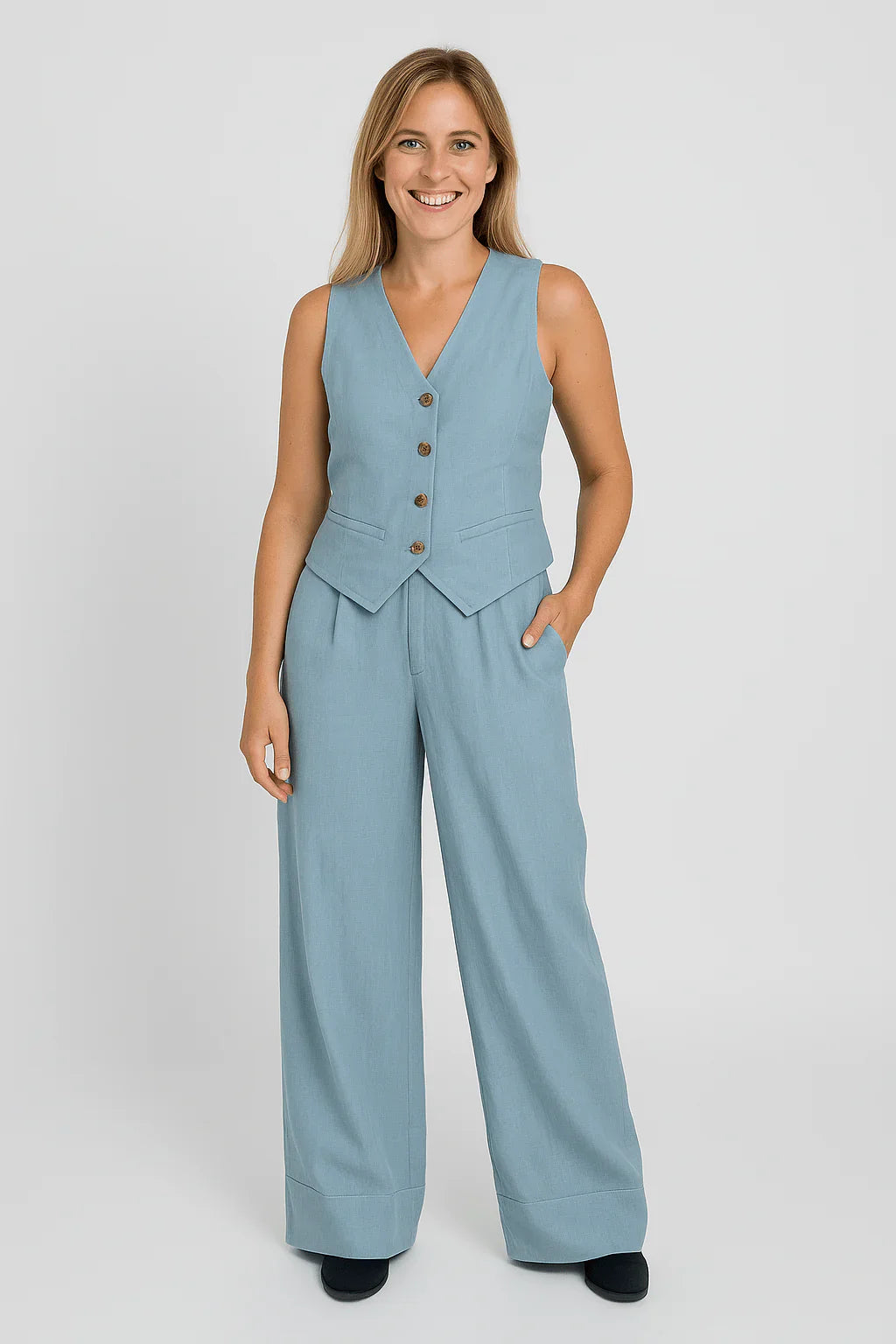 Linen Vest Wide-Leg Pants Two Piece Set High Waist