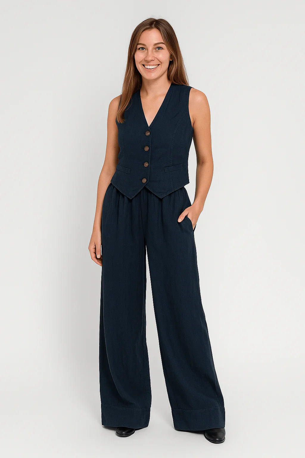 Linen Vest Wide-Leg Pants Two Piece Set High Waist