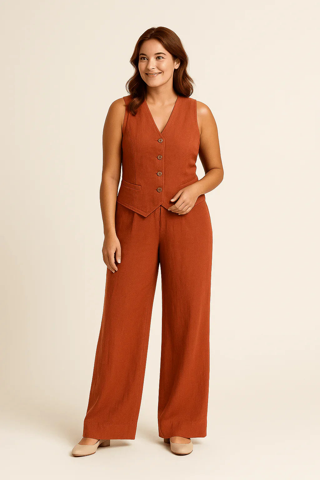 Linen Vest Wide-Leg Pants Two Piece Set High Waist