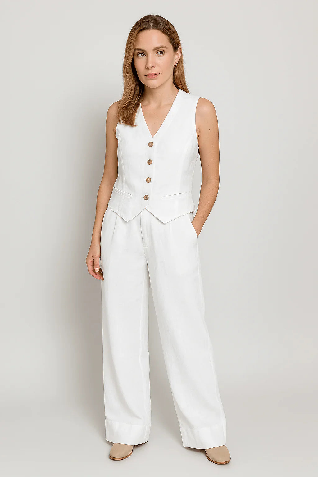 Linen Vest Wide-Leg Pants Two Piece Set High Waist
