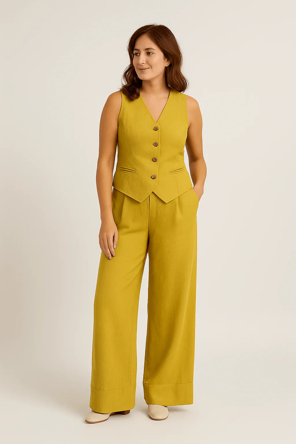 Linen Vest Wide-Leg Pants Two Piece Set High Waist