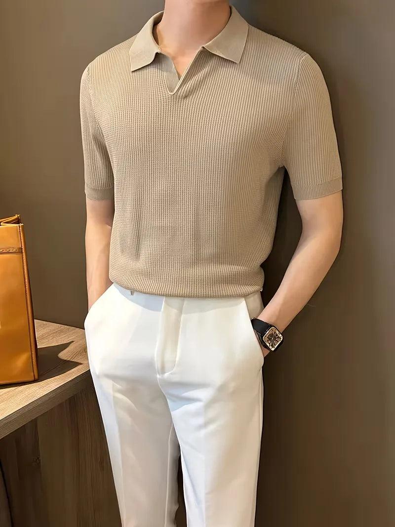 Mens V Neck Knitted Short Sleeve Polo