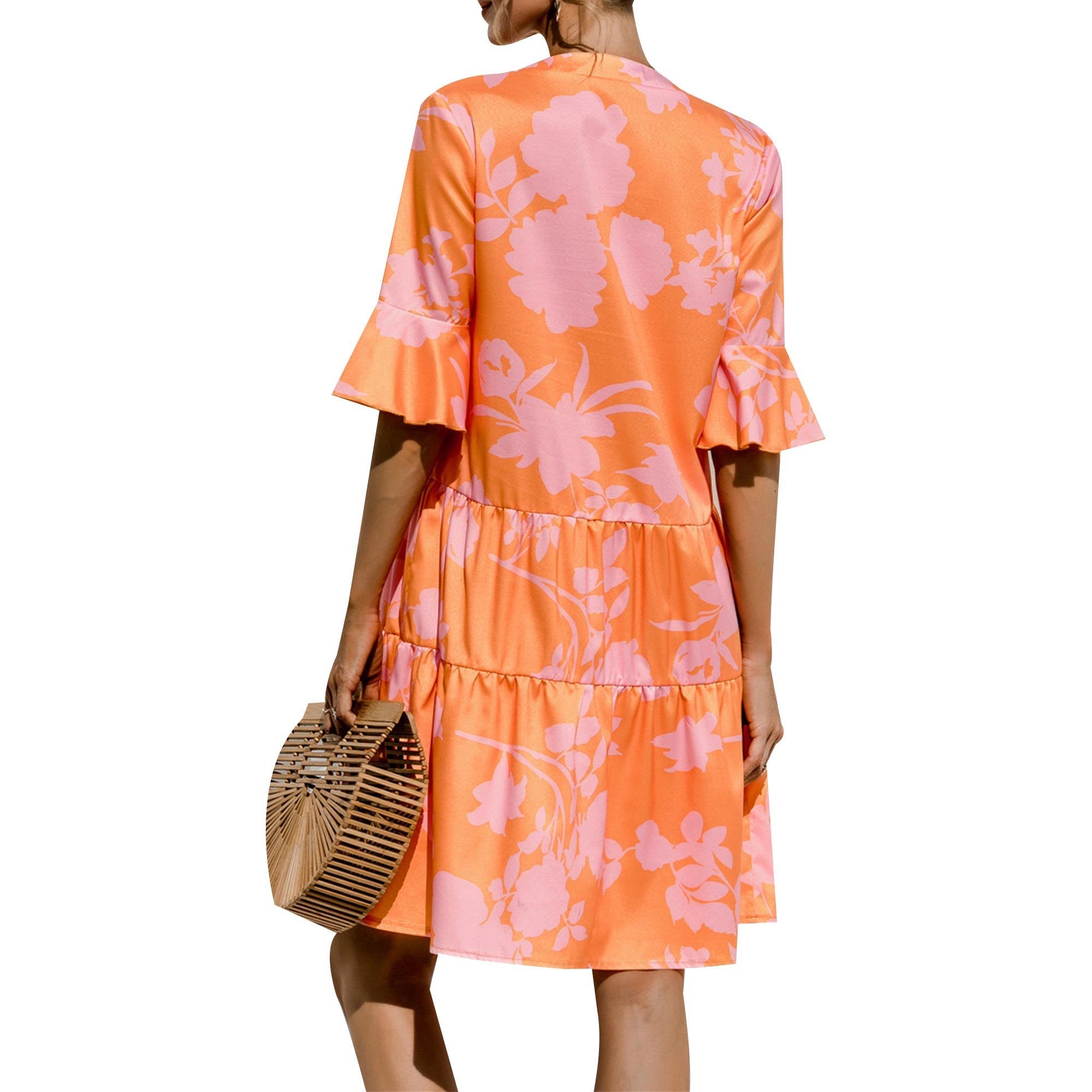 Womens Mini Party Dress Long Sleeve Tied Waist Orange