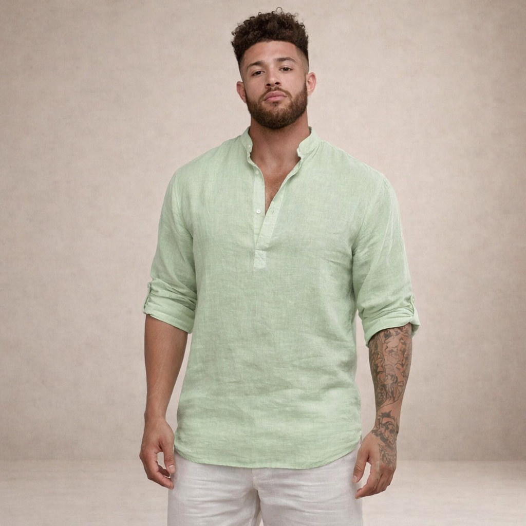 Men's Linen Shirt Regular Fit Breathable Stand-Up Collar Long Sleeves