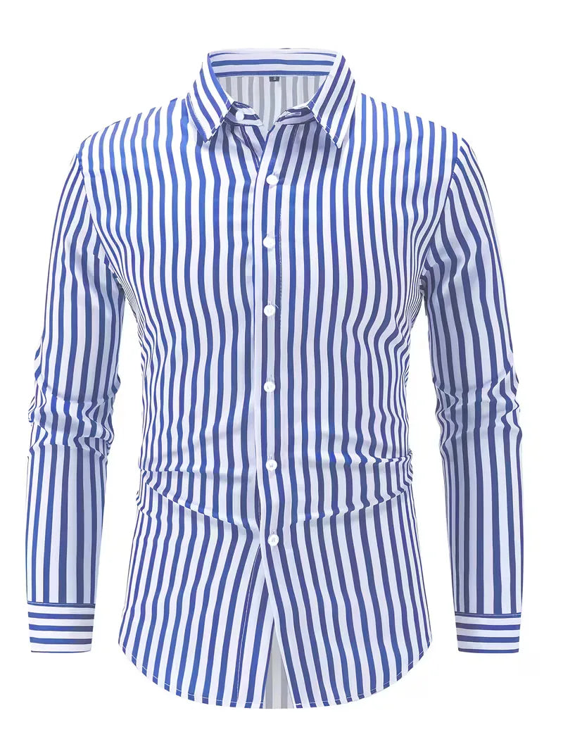 Mens Vertical Stripe Dress Shirt Mandarin Collar