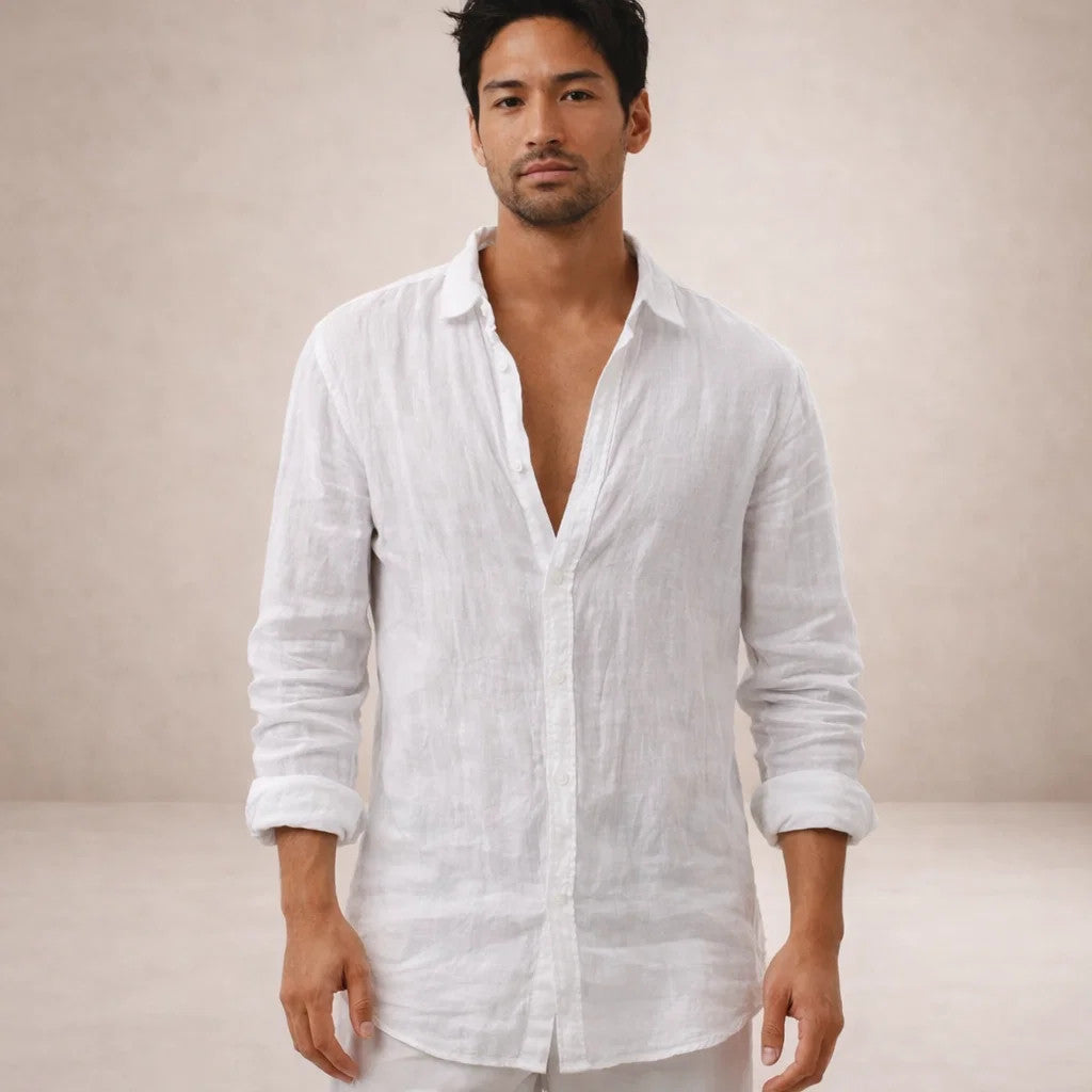 Mens Linen Shirt Open Collar Long Sleeve Regular Fit