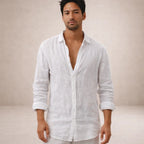 Mens Linen Shirt Open Collar Long Sleeve Regular Fit